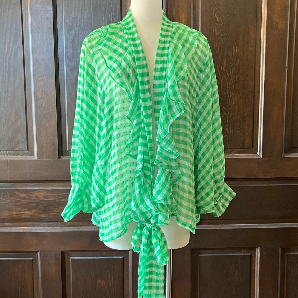 Free People Picnic Plaid Tie Front Shirt Green Boho Oversized Fun Sheer One Size